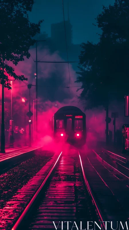 Neon night tram gliding through misty magenta rails.