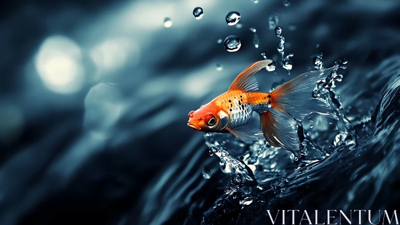 Vivid orange goldfish leaps from dark rippling water.