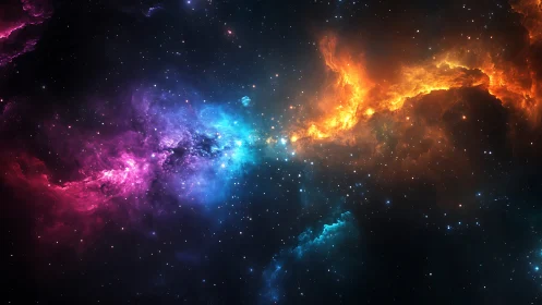 Nebula rift ignites cosmic blues, ember clouds, and starlight.