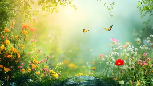 Sunlit wildflower glade with butterflies in soft atmospheric haze