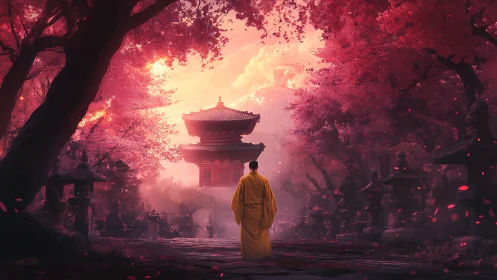 Monk under crimson blossoms approaching distant pagoda.