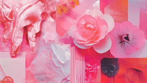 Floral macro collage in saturated pink acrylic textures and gloss