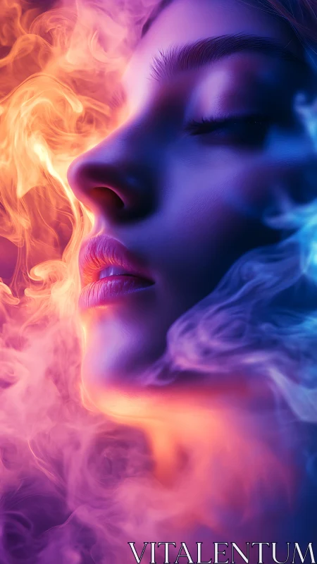 Close-up female face in neon blue and orange swirling smoke.