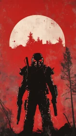 Lone wasteland ranger beneath a stark red moonrise.