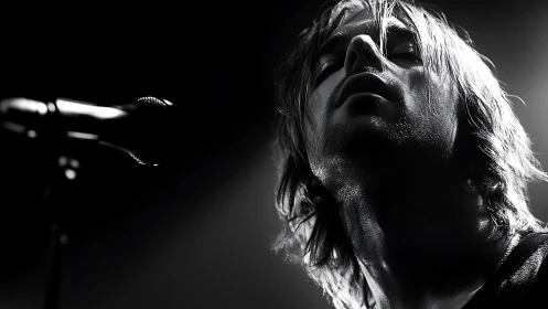 Low-angle monochrome view of singer before microphone.