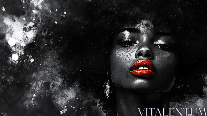 Bold red lips glow softly against a stormy monochrome night