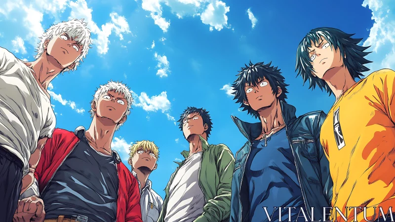 Group of six young men viewed from below outdoors.