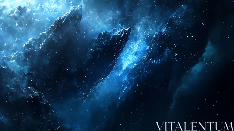 Glacial asteroid cliffs emerge through luminous deep space nebula