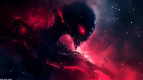 Dark humanoid form occupies nebular red and blue space field