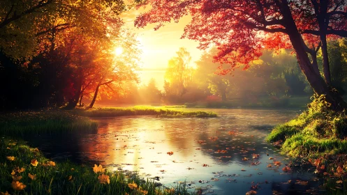 Autumn sunlight glows over a tranquil forest riverside scene.