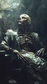 Decaying corpse enthroned in dim cavernous chamber.