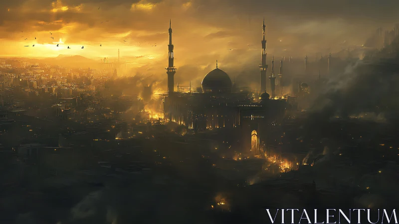 Sunlit domed citadel amid incendiary fog and stratified smoke.