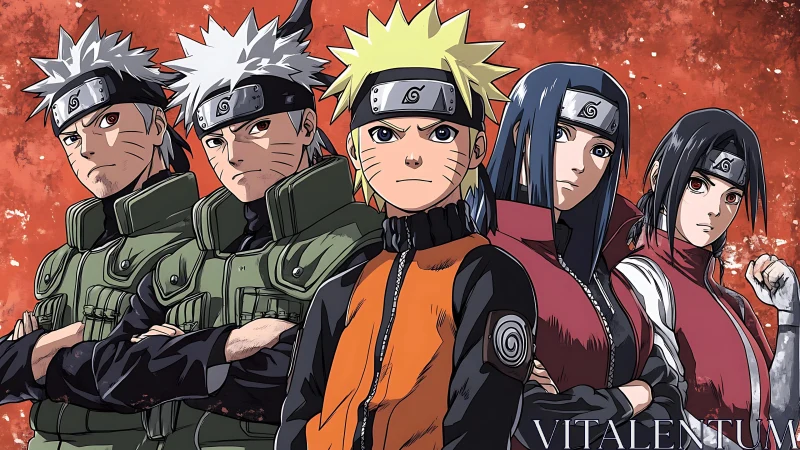 Five determined ninja stand united against red backdrop.