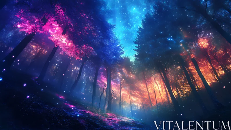 Bioluminescent forest path with neon light simulation