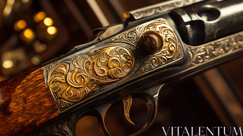 Close-up of ornate engraved shotgun with gold inlay detail.
