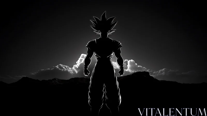 Silhouetted spiky haired warrior facing bright distant clouds.