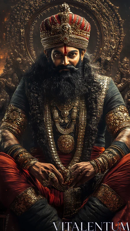 Regal warlord sits crowned in firelit rings of hammered gold