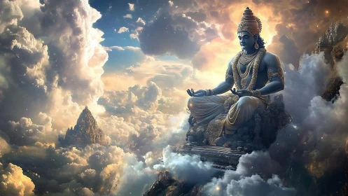 Colossal blue deity meditating on ornate throne amid clouds