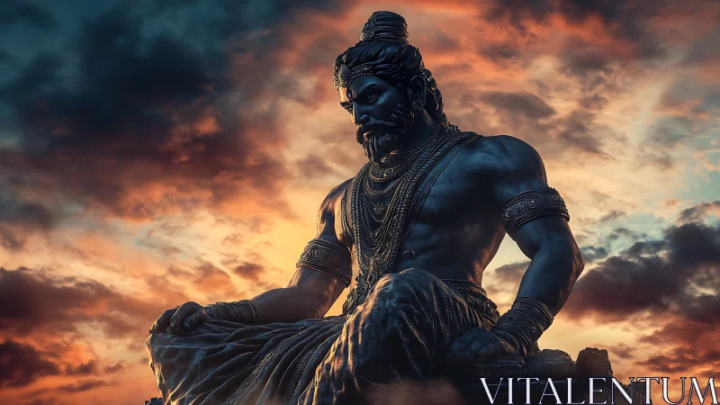 Serene warrior statue resting beneath a glowing sunset sky.