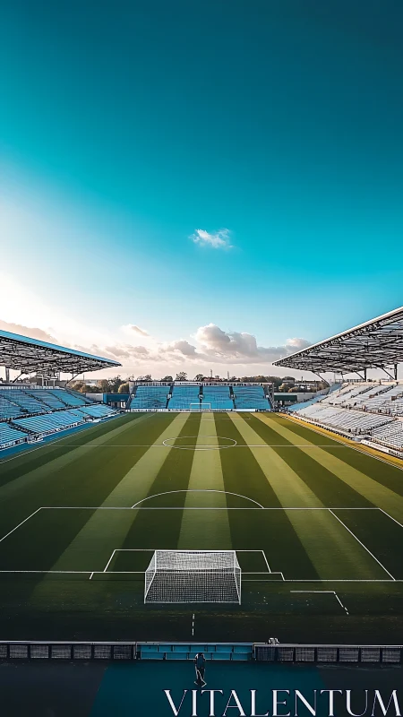 Silent stadium daydreams beneath a vast turquoise sky