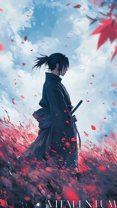Samurai daydream beneath swirling petals and skyward clouds.