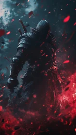 Armored dark knight emerges through embers in cinematic backlight