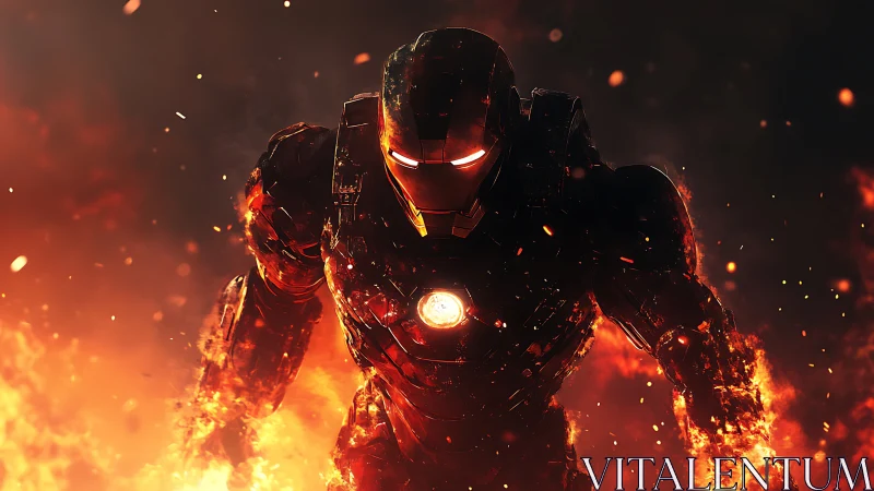 Armored firewalker strides through molten embers of night