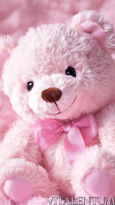 Pink plush teddy bear is positioned against soft backdrop