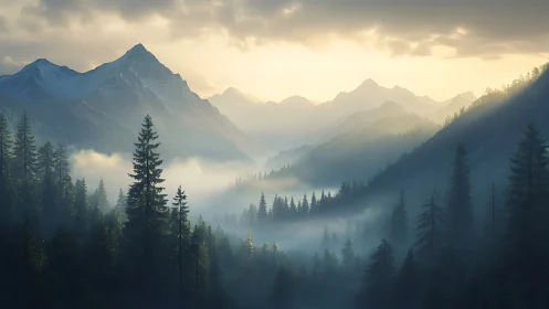 Mountain valley shows misty conifer forest at sunrise