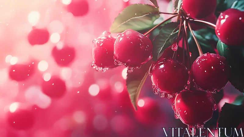 Glistening cherry cluster in dreamy pink morning light.