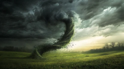 Spiral green tornado twisting over stormy open meadow.