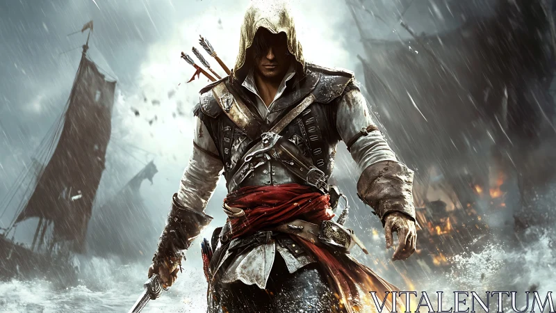 Hooded sea rogue striding through stormlit cannon fire.