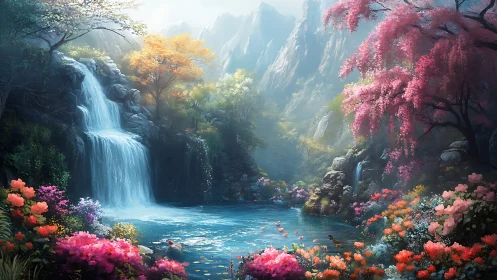 Blossom-draped waterfall sanctuary in a dreamlit valley.