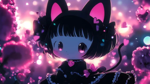 Chibi cat-eared girl in dark dress amid pink light field.