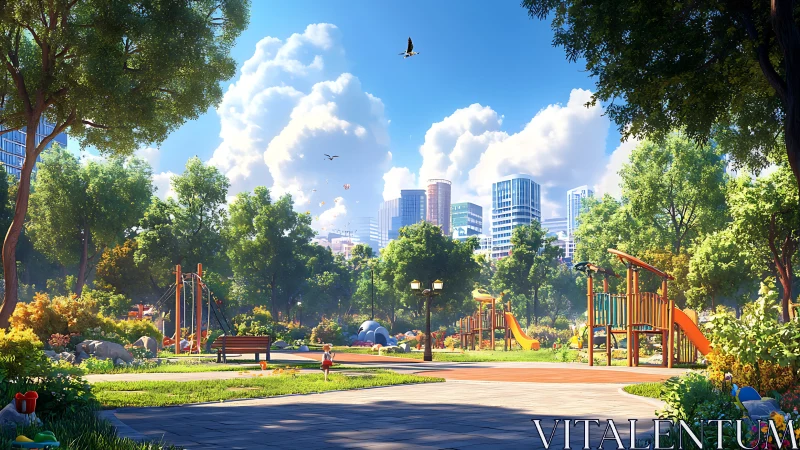 Sunlit city playground glows as a green escape for families