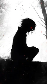 Silhouetted figure with red eyes in stark forest contrast.
