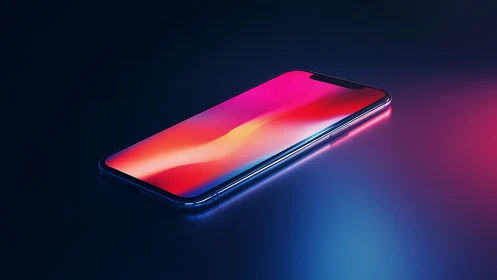 Sleek smartphone glows on neon-lit surface in dark space