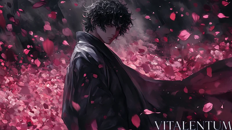 Somber kimono-clad figure amid turbulent sakura petal vortex.
