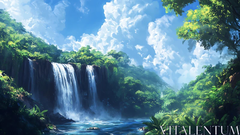 Luminous jungle waterfall panorama in digital painting style.
