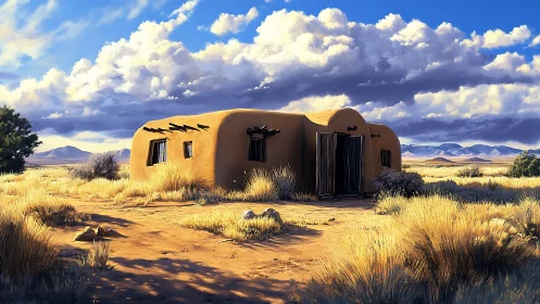 Adobe desert dwelling under cumuliform sky illumination.
