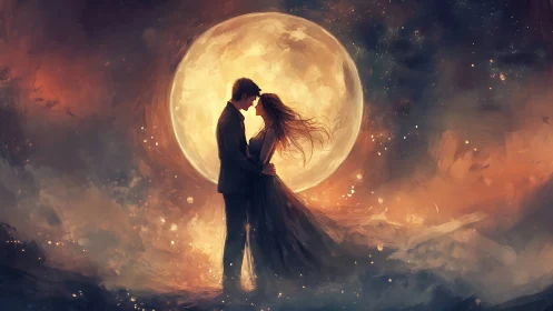 Celestial Romance Beneath Golden Moon Glow.