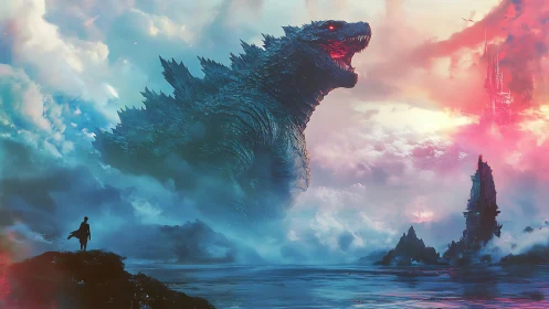 Colossal kaiju roars above misty sea and lone figure.
