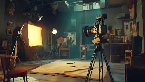 Cinematic studio corner where vintage cameras chase sunlight.