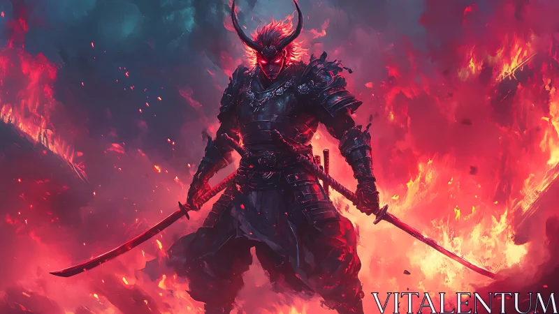 Hellfire ronin strides through crimson storm of burning steel.