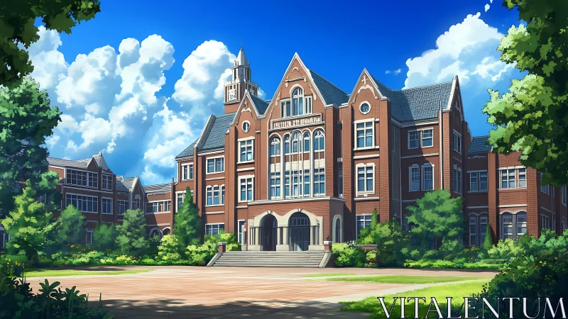 Red brick campus hall under vivid summer sky. Period.