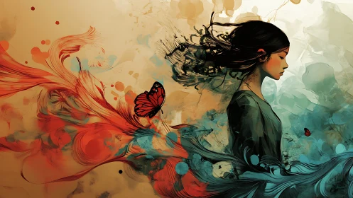 Profiled woman amid dual flowing color fields and butterflies