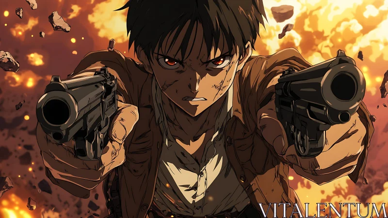 Anime gunfighter advances through fiery explosion with dual pistols