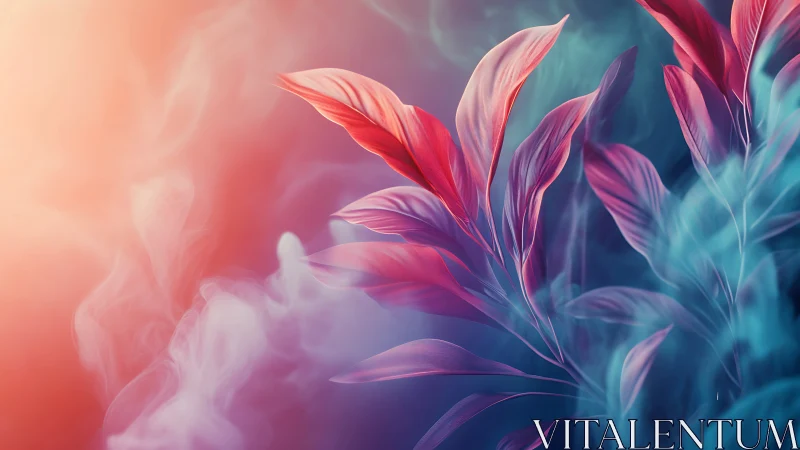 Pink leaves emerge sharply against diffuse blue background