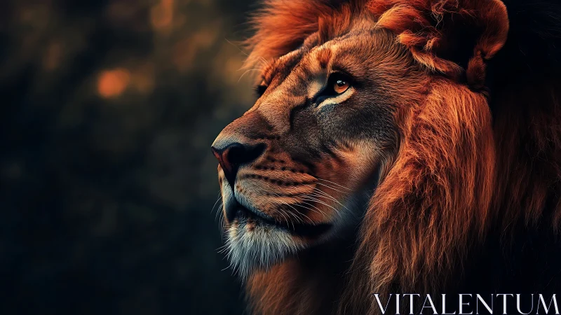 Telephoto-rendered lion profile under directional dusk lighting.