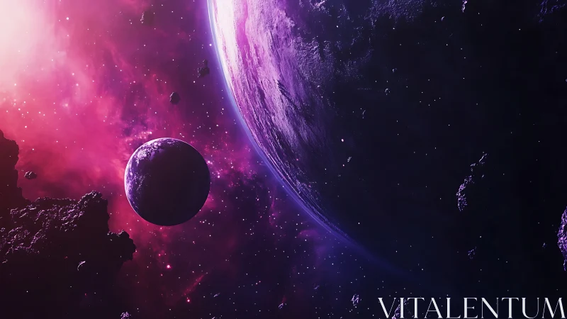 Glowing purple planets drift quietly through a cosmic dawn